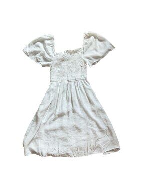 Staccato Textured White Square Neck Smocked Boho Babydoll Dress-S-GUC